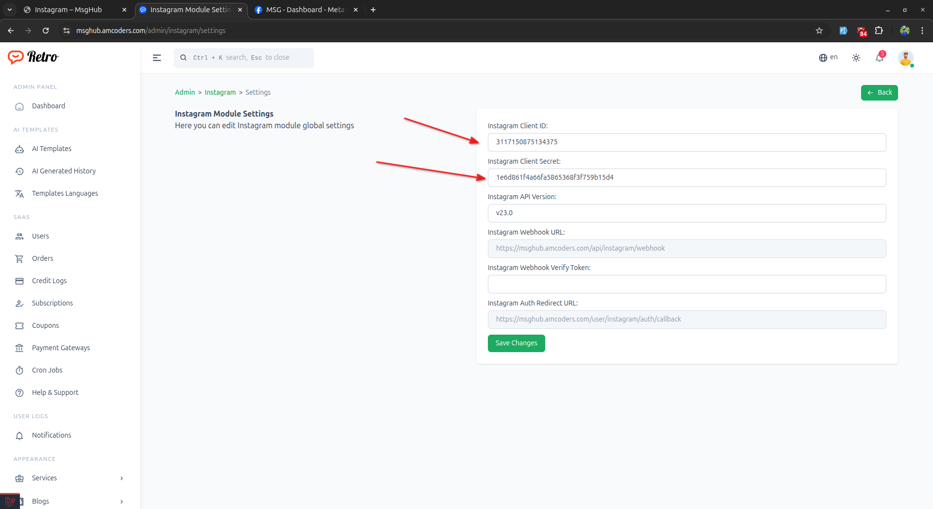 Paste App ID and Secret